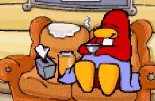 red club penguin penguin enjoying a nice soup from his thermos in the ski lodge with a blanket and some tissues. how to achieve this build?